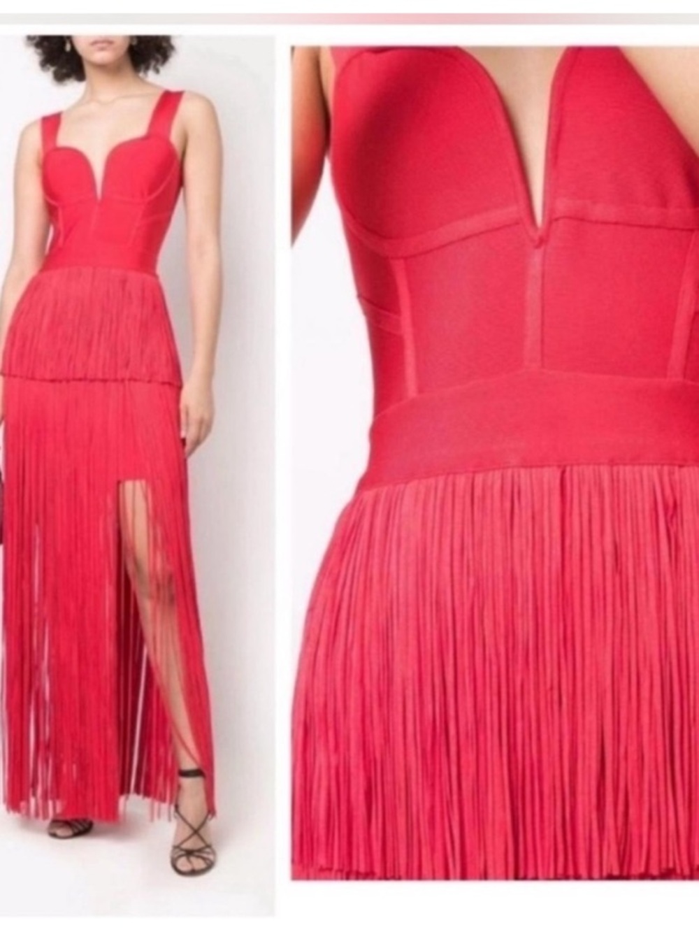 Hervé Léger Red Fringe Maxi Dress with Bustier Couture Cut Neckline - Picture 3 of 4